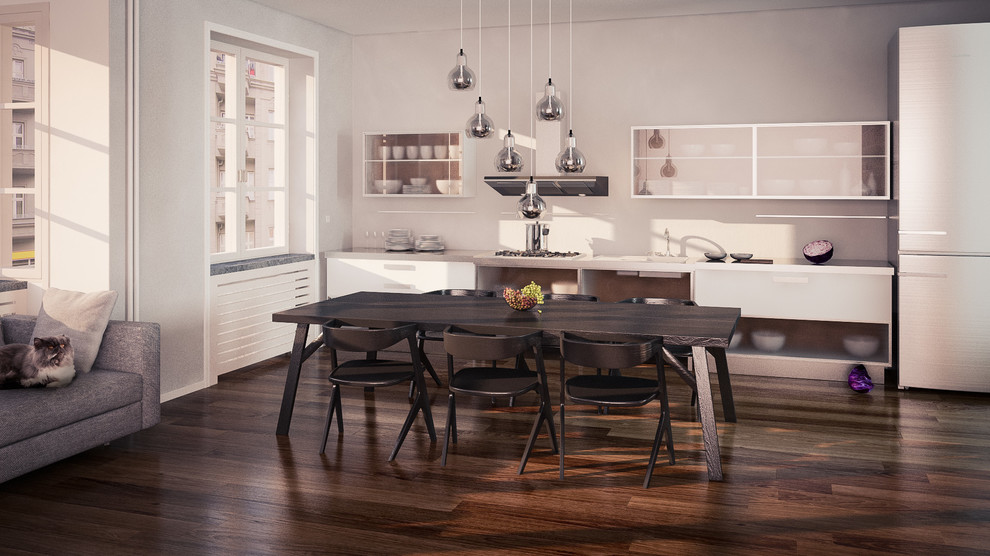 Свежая идея для дизайна: прямая кухня в скандинавском стиле с обеденным столом и островом - отличное фото интерьера
