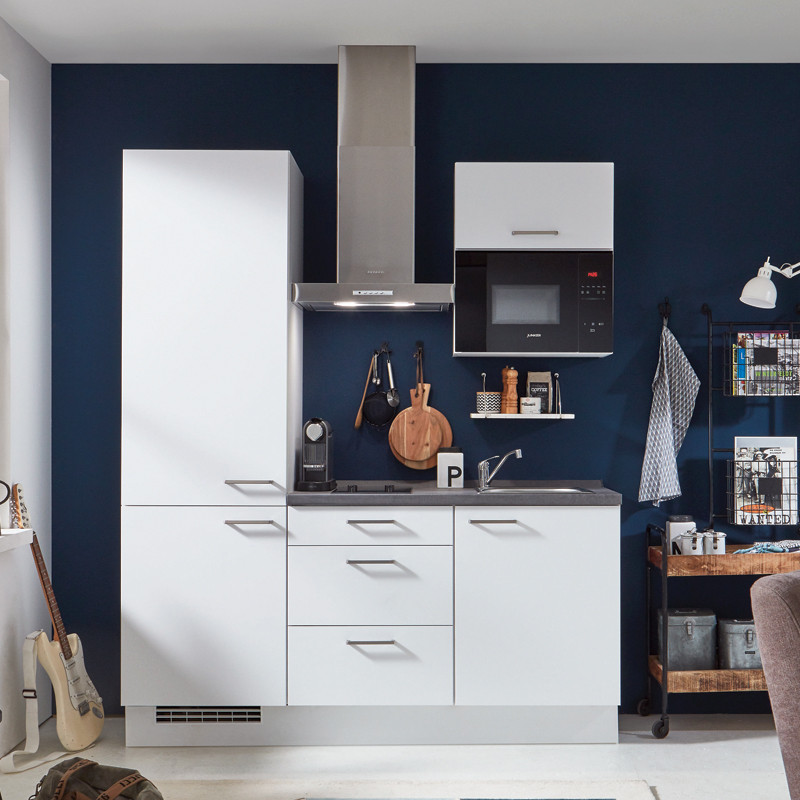 Design ideas for a small contemporary single-wall open plan kitchen in Other with a built-in sink, flat-panel cabinets, white cabinets, wood worktops, blue splashback, stainless steel appliances, no island and grey worktops.