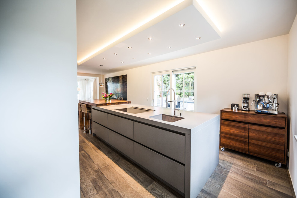 Inspiration for an expansive modern kitchen/diner in Other with flat-panel cabinets, grey cabinets, concrete worktops, an island, a submerged sink and dark hardwood flooring.