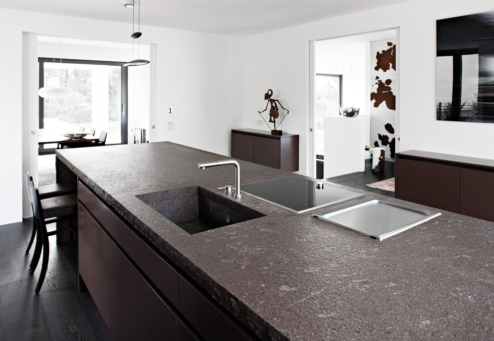 Geschlossene, Große Moderne Küche mit integriertem Waschbecken, flächenbündigen Schrankfronten, grauen Schränken, dunklem Holzboden und Kücheninsel in Sonstige