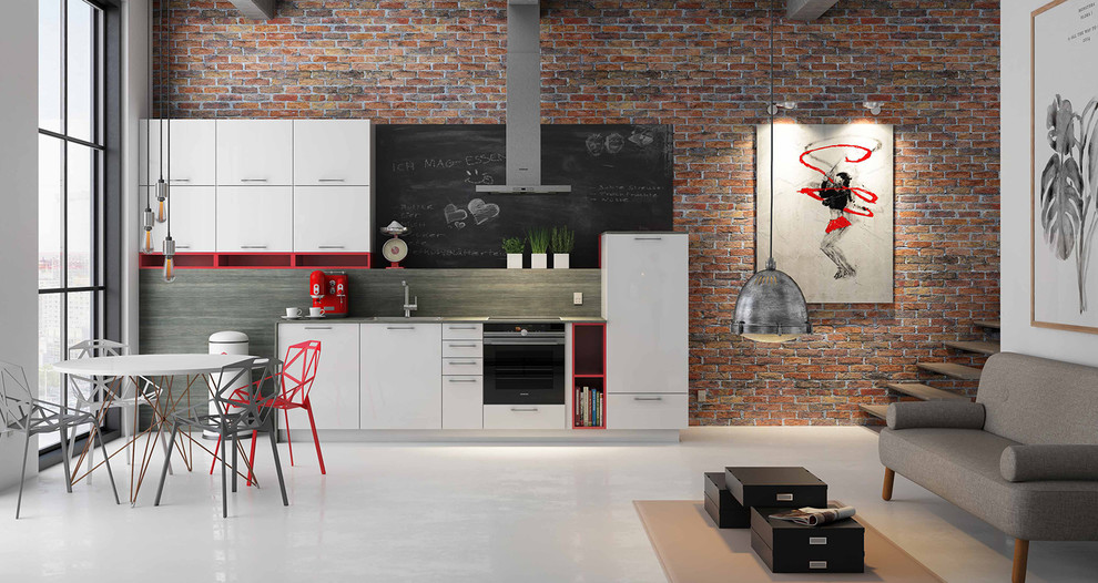 This is an example of a medium sized urban single-wall kitchen/diner in Stuttgart with flat-panel cabinets, white cabinets, black appliances, concrete flooring, no island, grey floors, a built-in sink, wood worktops, brown splashback and wood splashback.