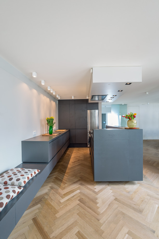 Einzeilige, Große Moderne Küche mit flächenbündigen Schrankfronten, grauen Schränken, hellem Holzboden und Kücheninsel in Sonstige