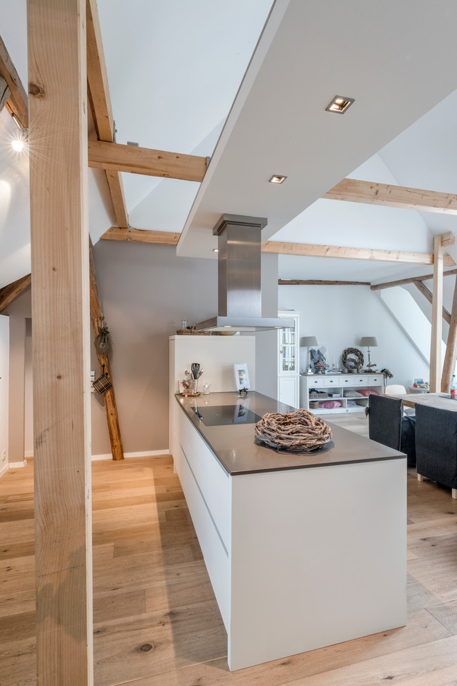 Стильный дизайн: большая параллельная кухня-гостиная в скандинавском стиле с островом - последний тренд