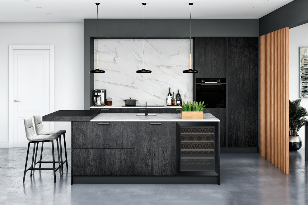 Design ideas for a modern kitchen/diner in Munich with a built-in sink, distressed cabinets, engineered stone countertops, beige splashback, wood splashback, black appliances, marble flooring, an island, grey floors, beige worktops and a wallpapered ceiling.