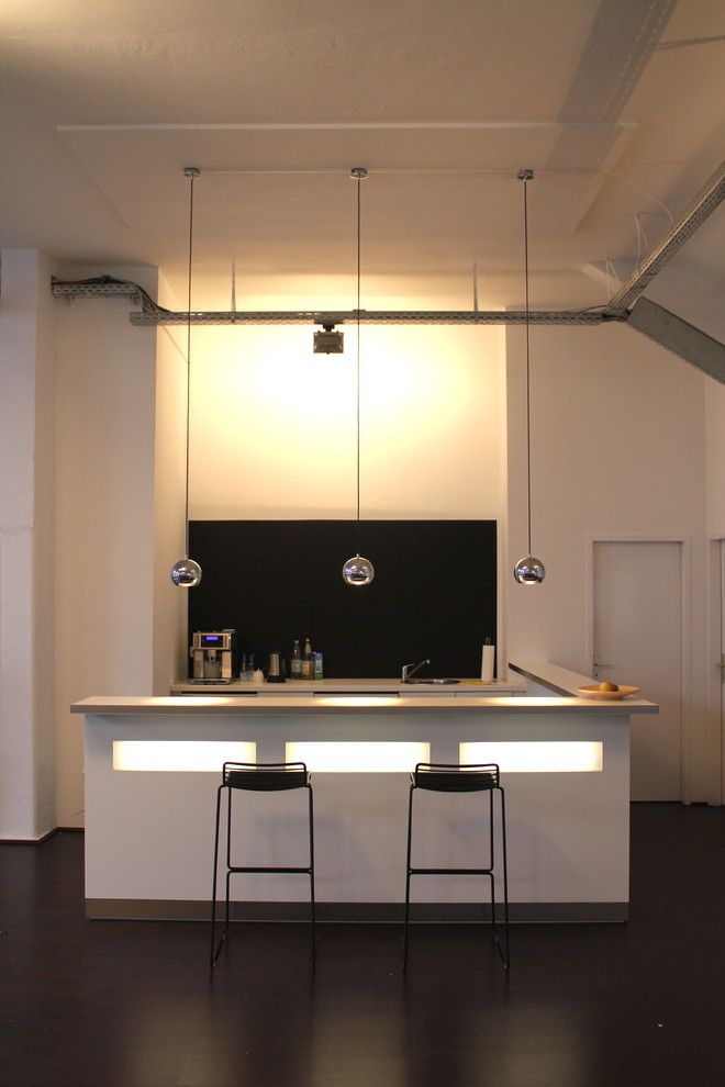 Offene, Kleine Moderne Küche in U-Form mit Einbauwaschbecken, dunklem Holzboden und Halbinsel in Berlin