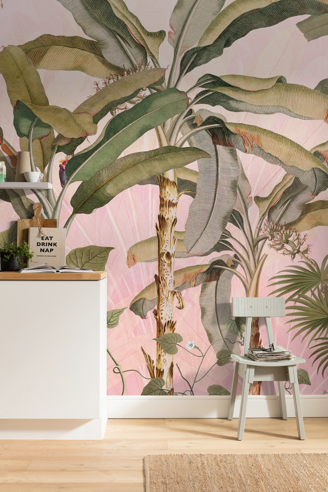 Esempio di una grande cucina design con top in legno, paraspruzzi rosa, pavimento in laminato, pavimento marrone e top marrone