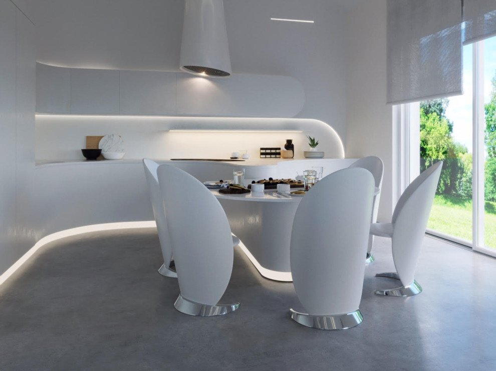 Mid-sized minimalist l-shaped concrete floor and gray floor open concept kitchen photo in Frankfurt with a drop-in sink, flat-panel cabinets, white cabinets, solid surface countertops, white backsplash and no island