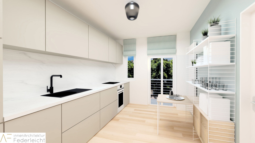 Idee per una piccola cucina lineare nordica chiusa con ante lisce, ante beige, top in superficie solida, pavimento in laminato e top bianco
