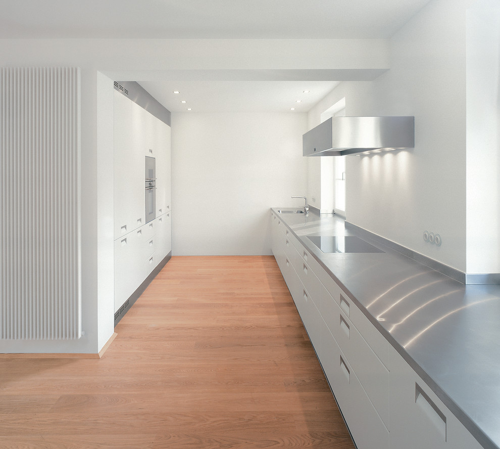 フランクフルトにあるコンテンポラリースタイルのおしゃれなキッチン (白いキャビネット、白いキッチンパネル、シルバーの調理設備、無垢フローリング) の写真