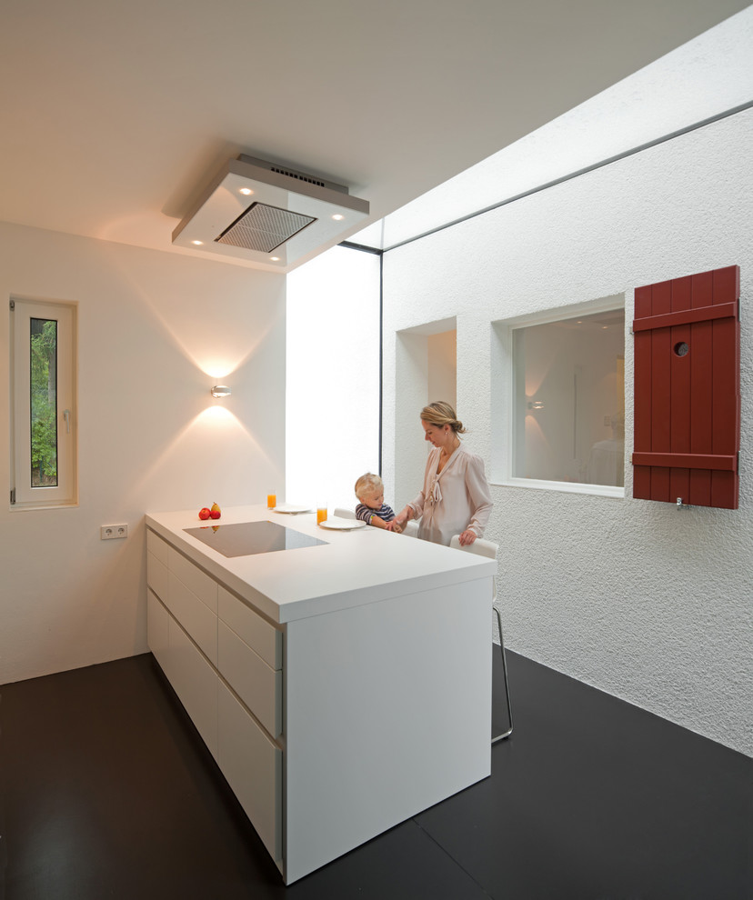 Cette image montre une cuisine design fermée avec un placard à porte plane, des portes de placard blanches et une péninsule.