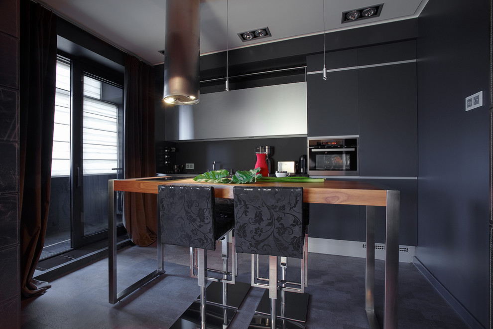 Medium sized contemporary single-wall open plan kitchen in Moscow with glass-front cabinets, grey cabinets, grey splashback, glass sheet splashback, stainless steel appliances and an island.