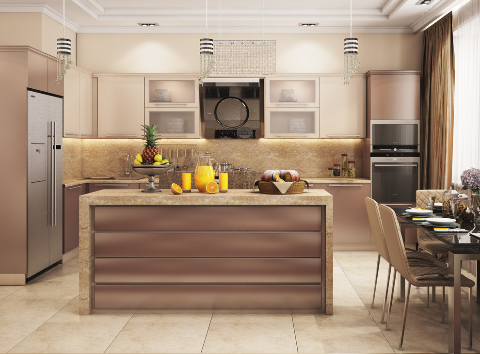 Bild på ett stort funkis beige beige l-kök, med en undermonterad diskho, släta luckor, bänkskiva i koppar, beige stänkskydd, rostfria vitvaror, klinkergolv i porslin, en köksö och beiget golv