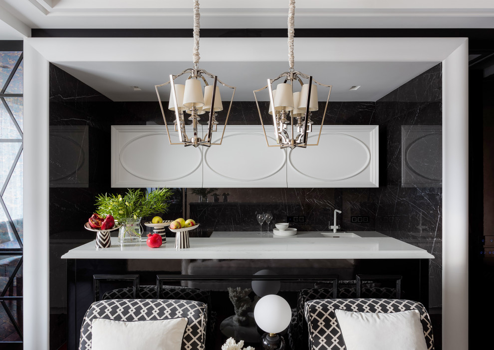 Inspiration for a mid-sized transitional single-wall dark wood floor open concept kitchen remodel in Moscow with an undermount sink, raised-panel cabinets, white cabinets, quartz countertops, black backsplash, porcelain backsplash, black appliances, an island and white countertops