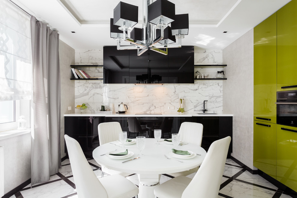 Inspiration for a mid-sized contemporary single-wall porcelain tile and white floor eat-in kitchen remodel in Other with an undermount sink, flat-panel cabinets, black cabinets, white backsplash, black appliances, no island and white countertops