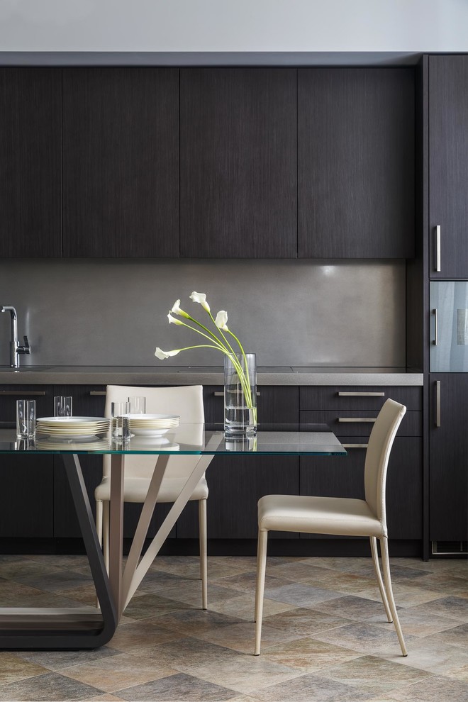 Contemporary kitchen in Moscow with flat-panel cabinets, black cabinets, grey splashback and no island.
