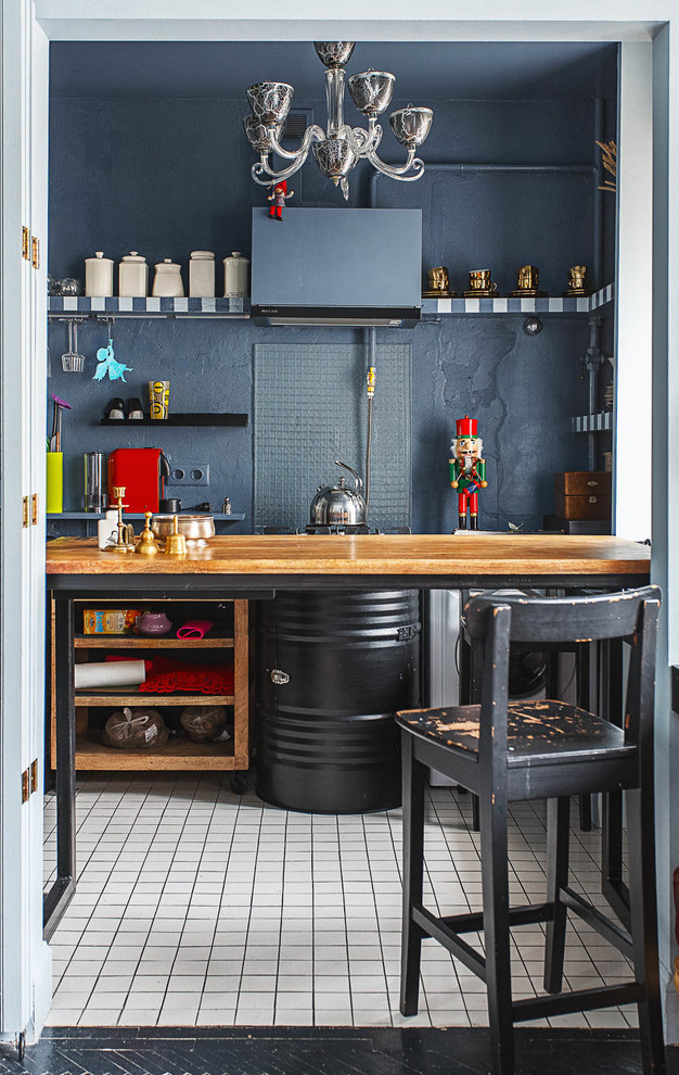 Eclectic kitchen in Moscow with open cabinets and black splashback.