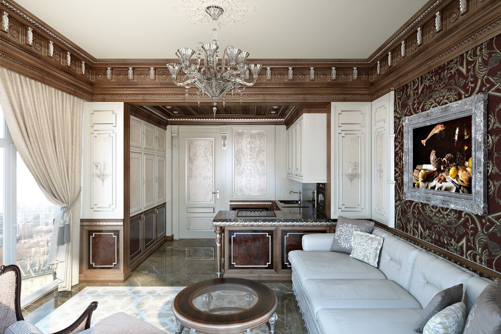 Exempel på ett stort klassiskt kök, med en undermonterad diskho, luckor med profilerade fronter, skåp i mörkt trä, marmorbänkskiva, brunt stänkskydd, stänkskydd i porslinskakel, integrerade vitvaror och marmorgolv