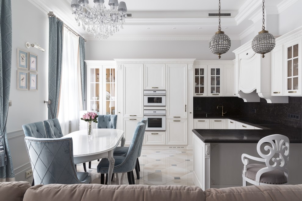 Classic kitchen in Moscow with ceramic flooring and black floors.