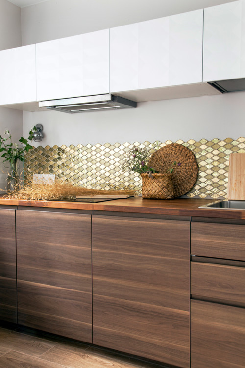Elegance in Very Small Kitchen Ideas: White and Wood Cabinets with Gold Backsplash