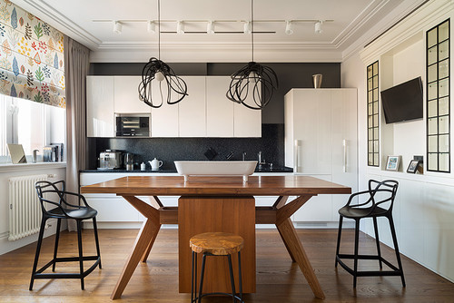 kitchen with black backsplash