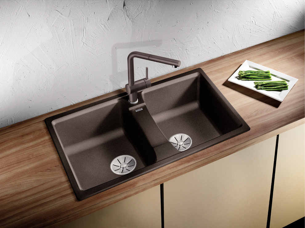 Design ideas for a kitchen in Moscow with a double-bowl sink.