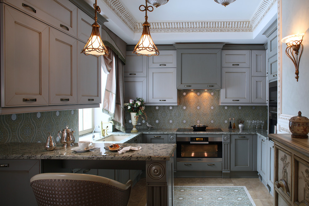 Inspiration for a medium sized victorian u-shaped enclosed kitchen in Moscow with marble worktops, stainless steel appliances, marble flooring, beige floors, grey cabinets, green splashback, ceramic splashback, an island, a submerged sink and recessed-panel cabinets.
