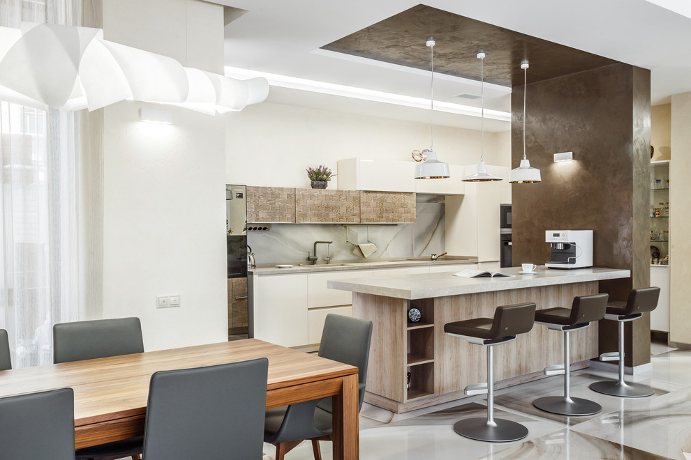 Inspiration for a medium sized contemporary galley open plan kitchen in Saint Petersburg with a submerged sink, medium wood cabinets, composite countertops, ceramic splashback, stainless steel appliances, ceramic flooring, an island, flat-panel cabinets and grey splashback.