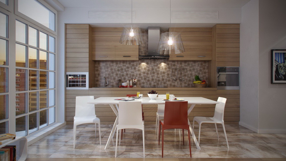 Idéer för att renovera ett mellanstort funkis linjärt kök och matrum, med en undermonterad diskho, beige skåp, brunt stänkskydd och rostfria vitvaror