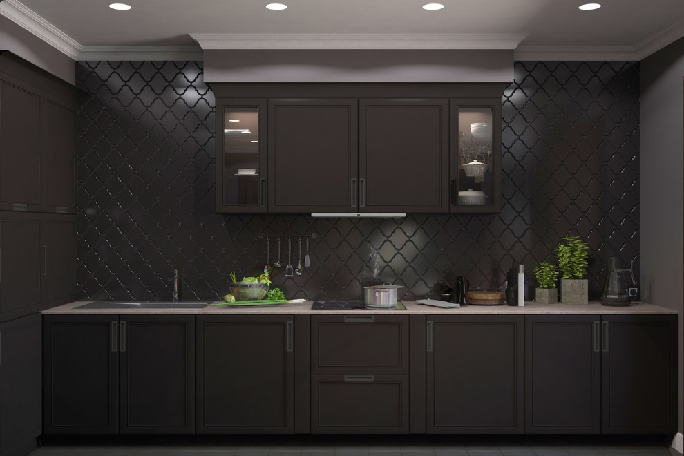Inspiration for a mid-sized timeless l-shaped ceramic tile eat-in kitchen remodel in Other with an undermount sink, raised-panel cabinets, dark wood cabinets, quartz countertops, brown backsplash and ceramic backsplash