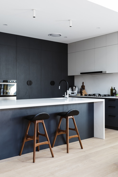 Timeless Style: Black and White Flat Panel Cabinets with Light Wood Floor Inspirations