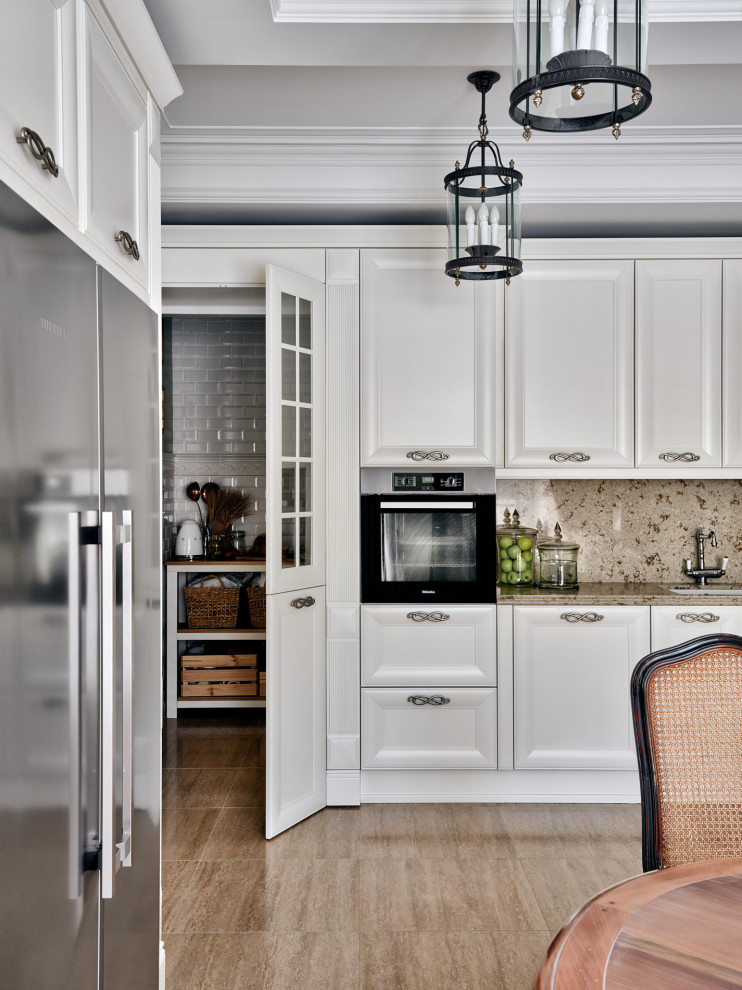 Classic kitchen pantry in Other with recessed-panel cabinets, white cabinets, beige splashback, black appliances, beige floors, beige worktops and a drop ceiling.