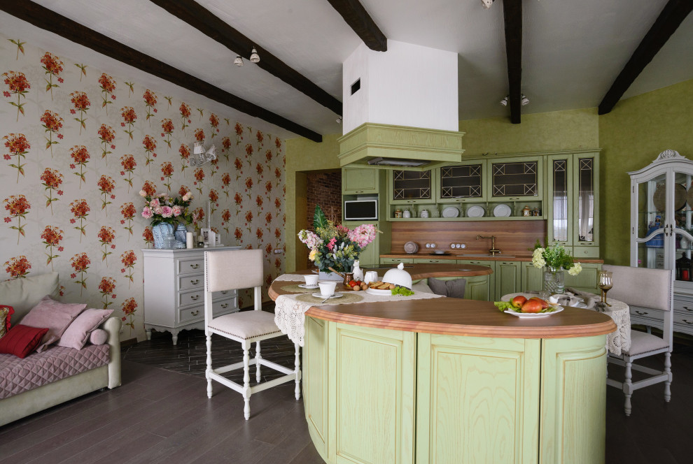 Inspiration for a medium sized romantic l-shaped open plan kitchen in Novosibirsk with a submerged sink, raised-panel cabinets, green cabinets, wood worktops, brown splashback, wood splashback, integrated appliances, an island, brown floors, brown worktops and a wallpapered ceiling.