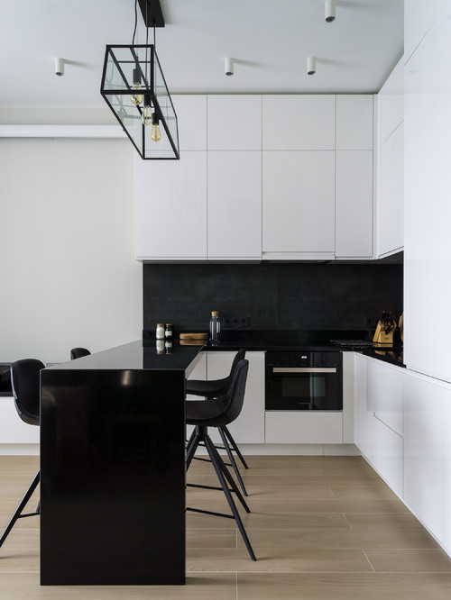 red and black and white small kitchen