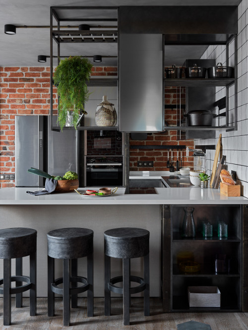 Embrace Industrial Chic: Open Kitchen Storage Inspirations with a Brick Accent Wall and Stainless Steel Details