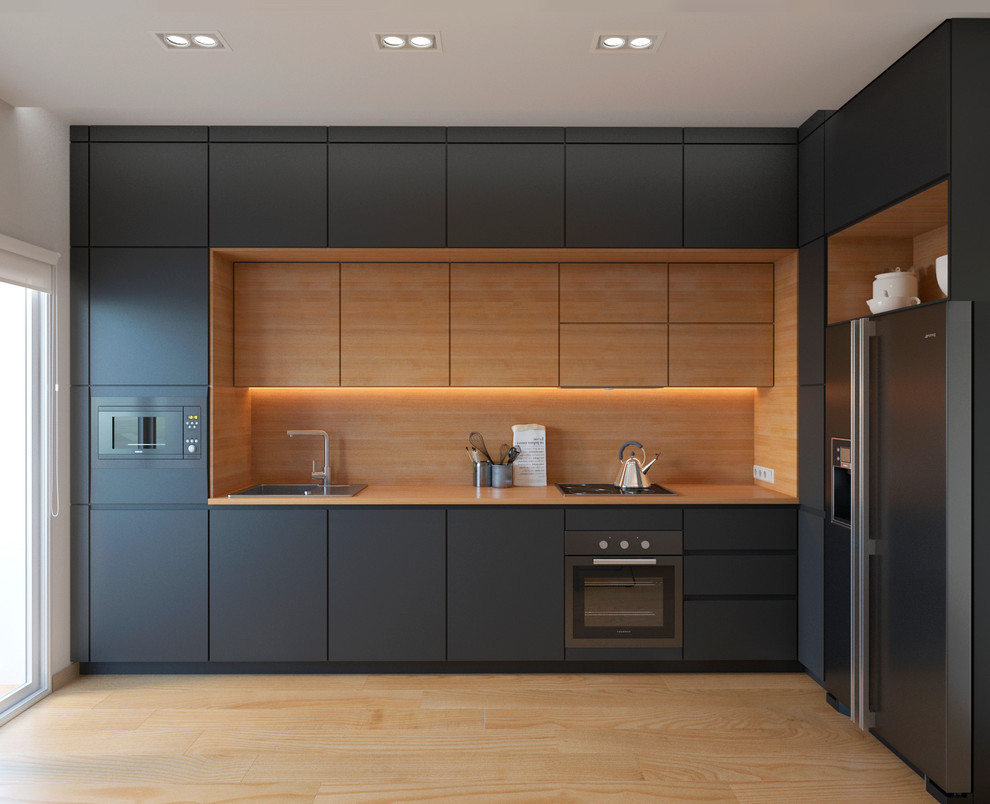 This is an example of a medium sized contemporary kitchen in Other with wood worktops, wood splashback, light hardwood flooring, no island, a built-in sink, flat-panel cabinets, grey cabinets, orange splashback and stainless steel appliances.