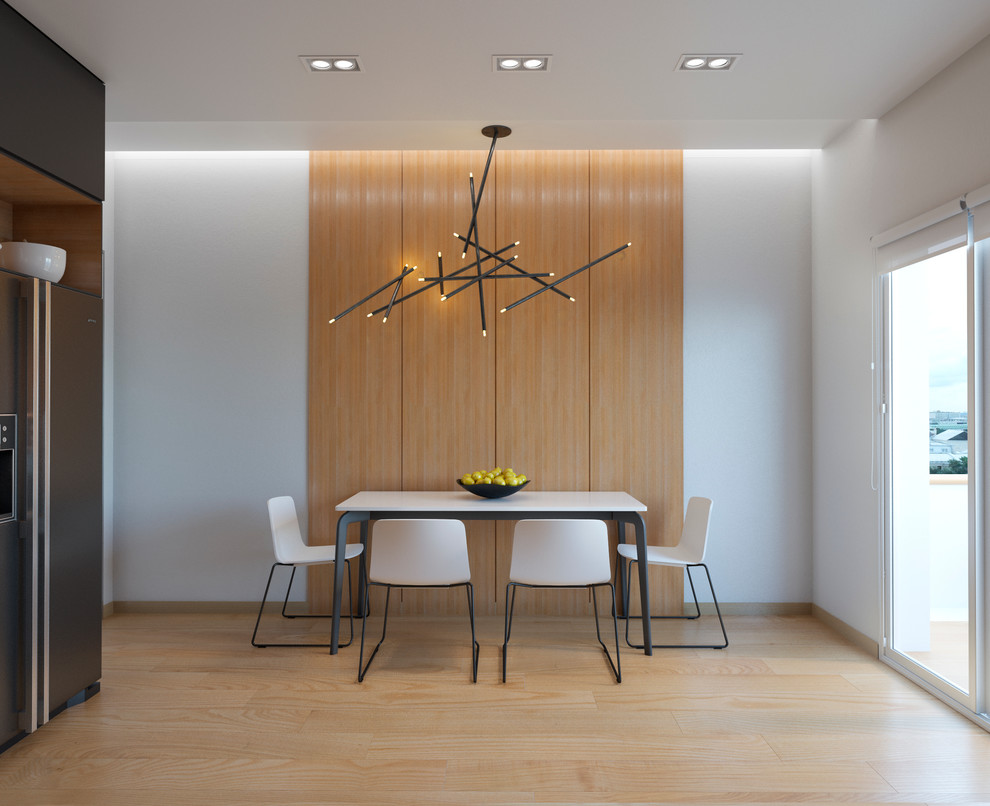 Mittelgroße Moderne Wohnküche mit hellem Holzboden in Sonstige