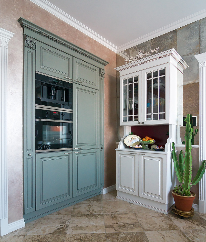Inspiration for a mid-sized timeless single-wall ceramic tile and beige floor eat-in kitchen remodel in Saint Petersburg with raised-panel cabinets, green cabinets, quartz countertops, multicolored backsplash, black appliances and no island
