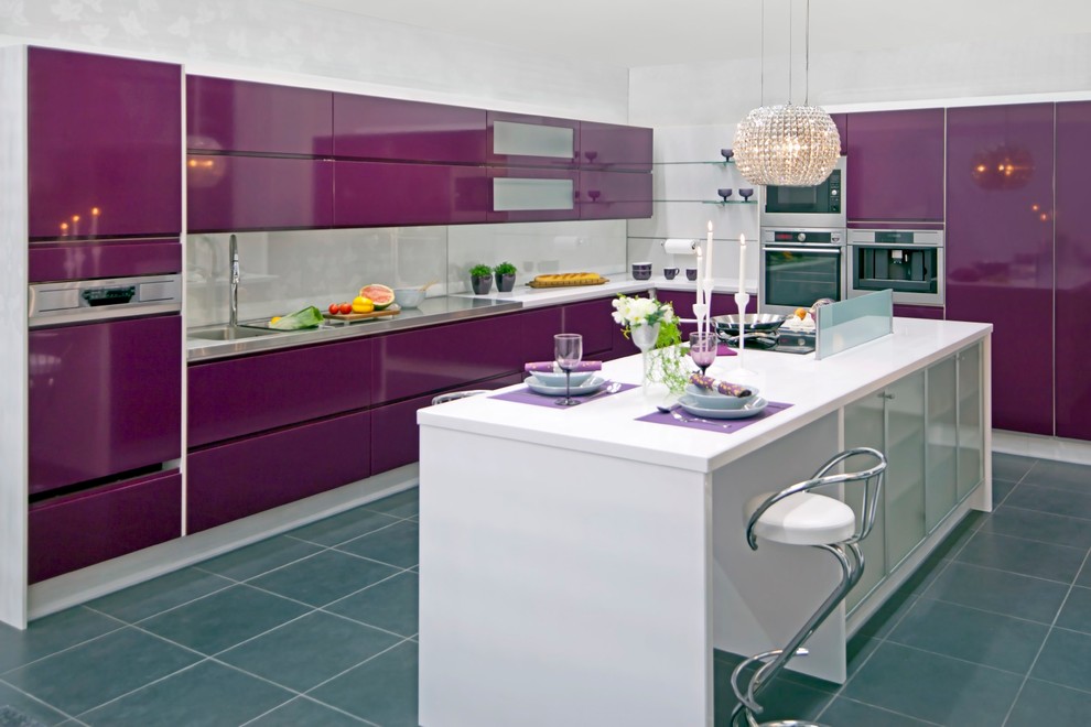 Photo of a contemporary kitchen in Saint Petersburg with purple cabinets.