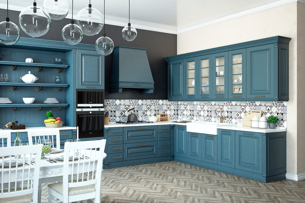Photo of a medium sized traditional l-shaped kitchen/diner in Moscow with a built-in sink, raised-panel cabinets, turquoise cabinets, composite countertops, multi-coloured splashback, ceramic splashback, black appliances, medium hardwood flooring, no island, beige floors and white worktops.