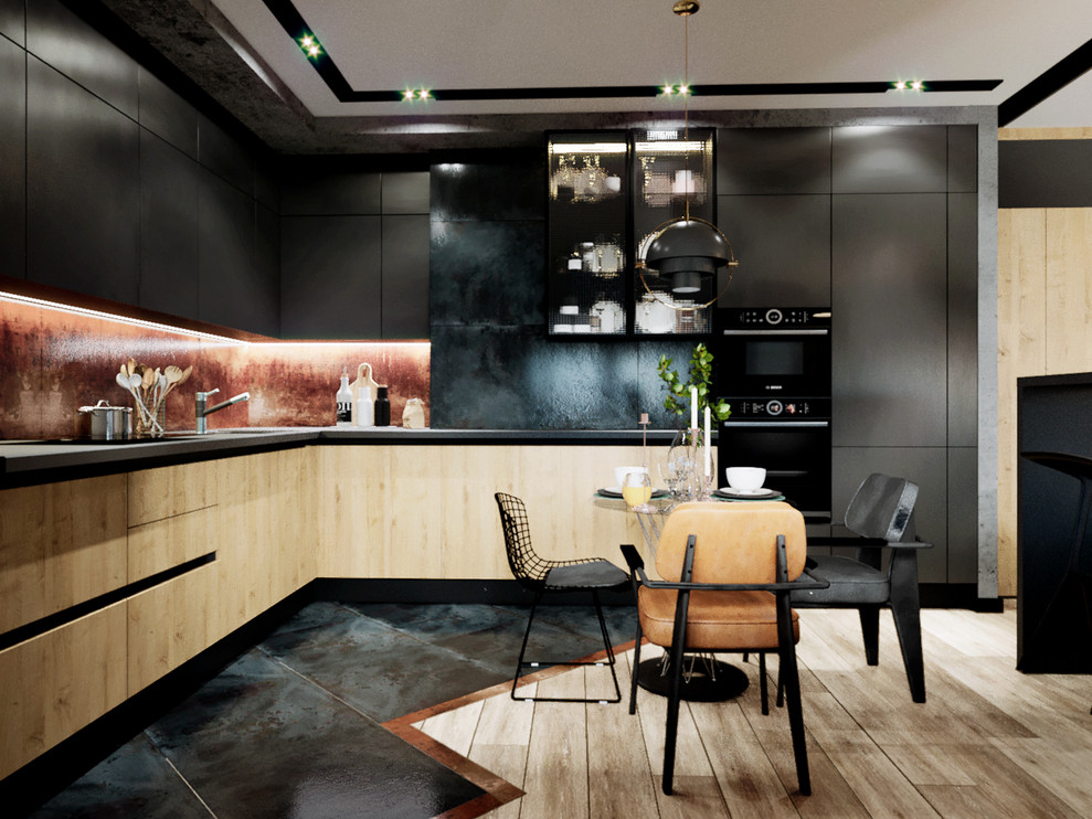 Mid-sized urban l-shaped porcelain tile and black floor kitchen photo in Other with an undermount sink, flat-panel cabinets, black cabinets, solid surface countertops, orange backsplash, porcelain backsplash, black appliances, no island and black countertops