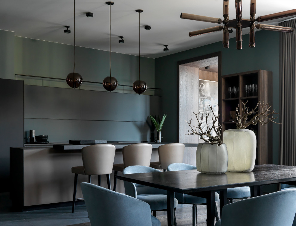 Свежая идея для дизайна: большая прямая кухня-гостиная в современном стиле с плоскими фасадами, островом и серым полом - отличное фото интерьера