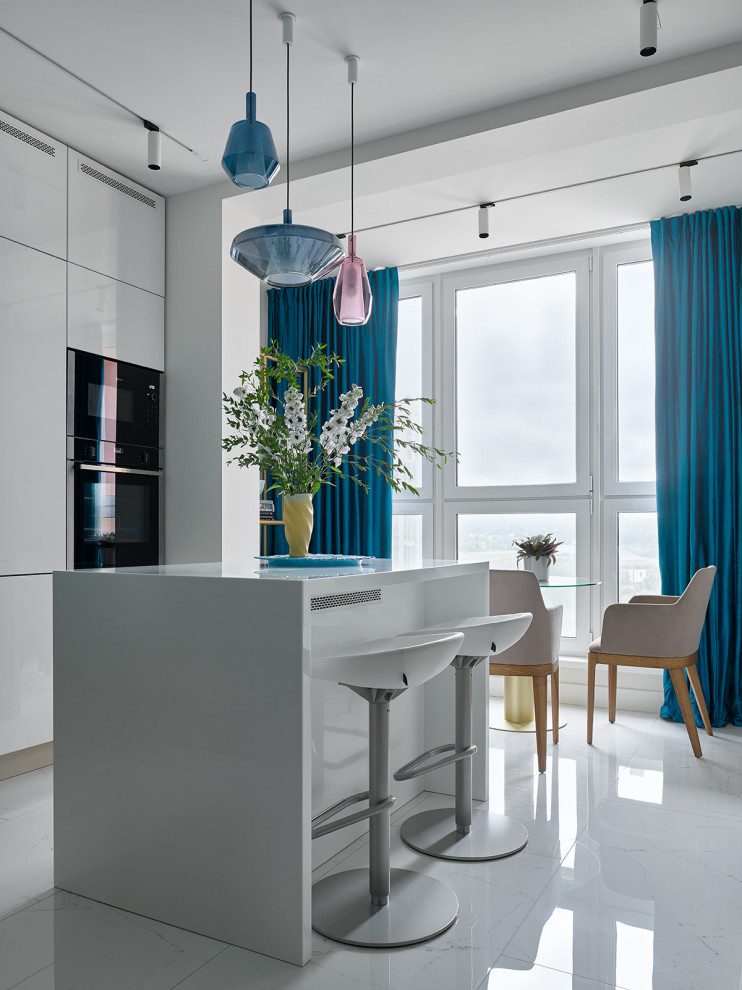 Medium sized contemporary kitchen/diner in Moscow with flat-panel cabinets, white cabinets, black appliances, an island, white floors and white worktops.