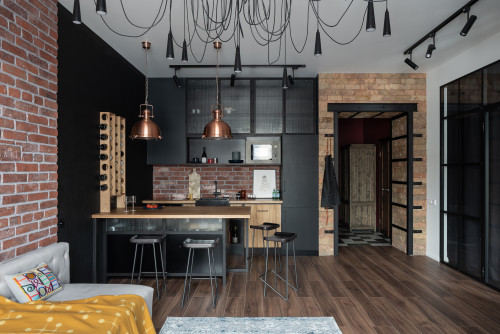 Industrial Black Kitchen Design Inspirations with Accent Cabinet and Brick Backsplash