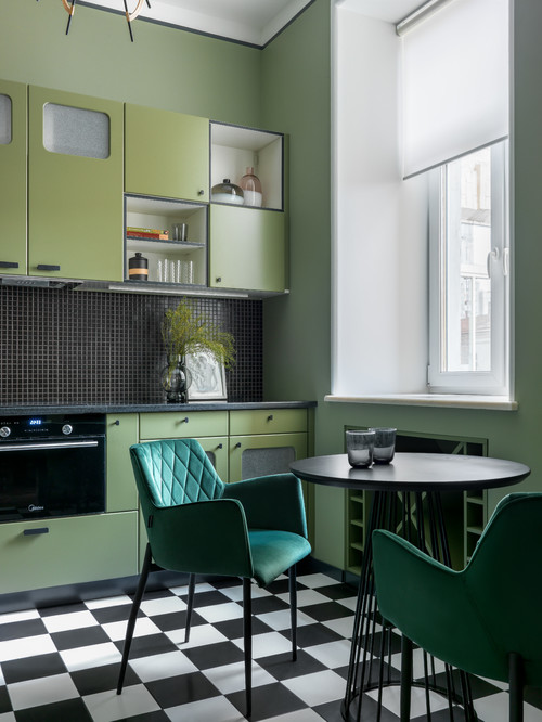 Green Cabinets and Black Mosaic Tile Backsplash in Very Small Kitchen Ideas