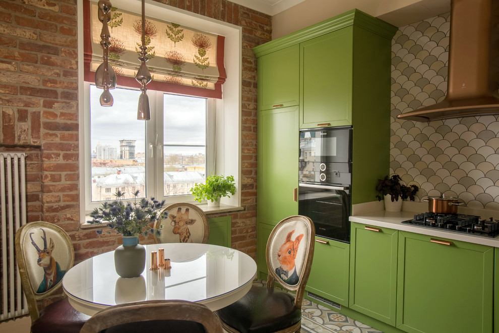 Inspiration for a mid-sized transitional l-shaped ceramic tile and multicolored floor eat-in kitchen remodel in Moscow with green cabinets, multicolored backsplash, ceramic backsplash, colored appliances, no island and white countertops