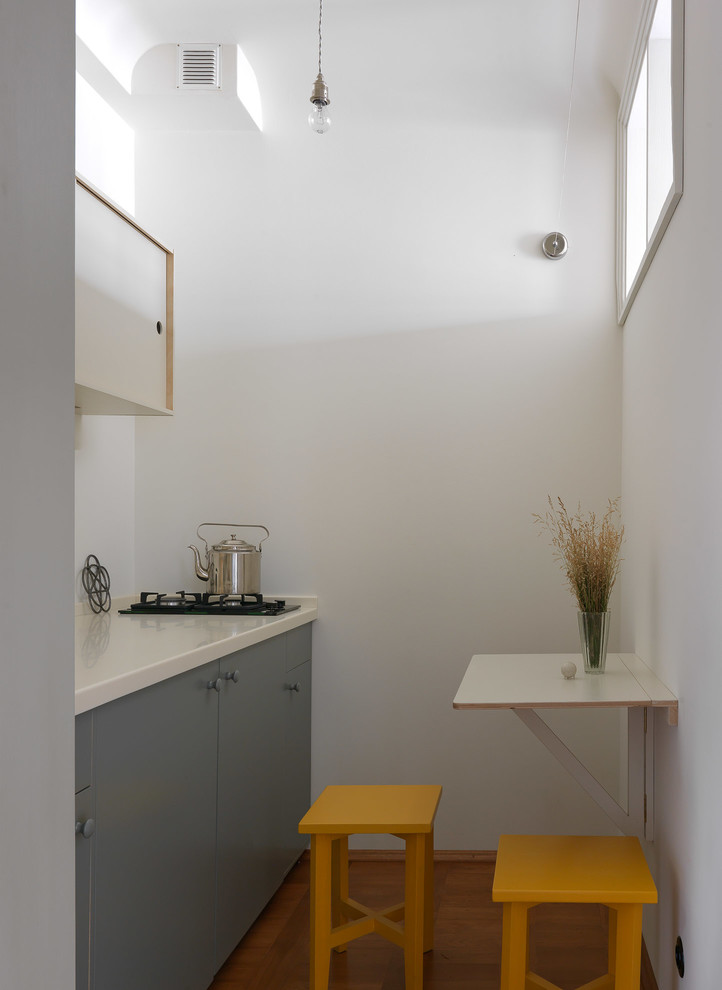 Пример оригинального дизайна: отдельная, прямая кухня в современном стиле с плоскими фасадами, серыми фасадами, белым фартуком и белой столешницей без острова