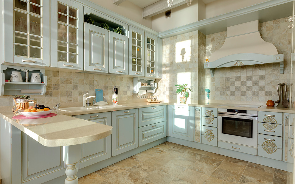 This is an example of a medium sized rural u-shaped enclosed kitchen in Saint Petersburg with a submerged sink, raised-panel cabinets, turquoise cabinets, composite countertops, beige splashback, ceramic splashback, white appliances, porcelain flooring, no island, beige floors and beige worktops.