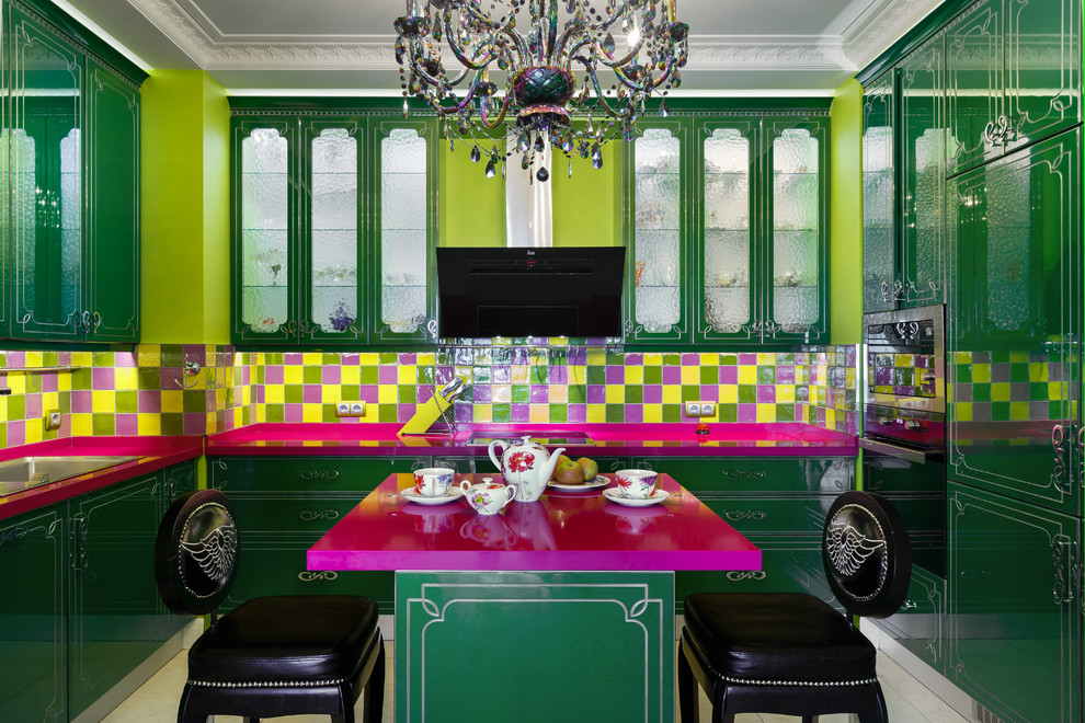 Inspiration for an eclectic u-shaped enclosed kitchen in Saint Petersburg with engineered stone countertops, ceramic splashback, an island, flat-panel cabinets, green cabinets, multi-coloured splashback and black appliances.