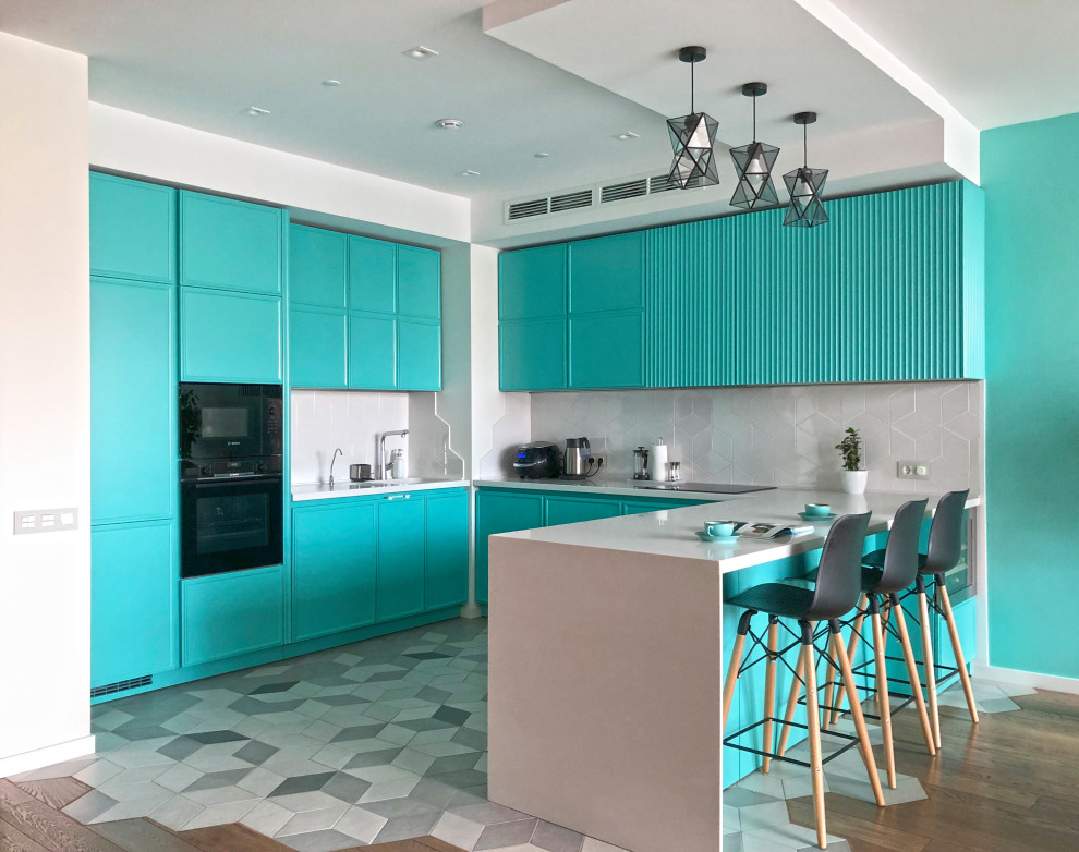 Trendy u-shaped gray floor kitchen photo in Moscow with a single-bowl sink, turquoise cabinets, gray backsplash, black appliances, a peninsula and gray countertops