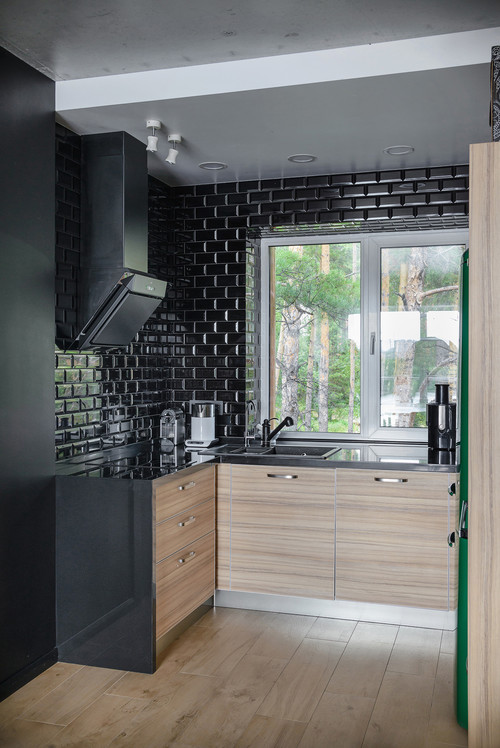 Wood Cabinets and a Splash of Black: Tiny Kitchen, Big Style